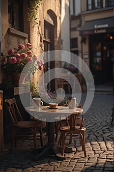 Coffee Shop, Bossa Nova style, cute tables outside, cobblestone road, flowers