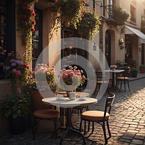 Coffee Shop, Bossa Nova style, cute tables outside, cobblestone road, flowers