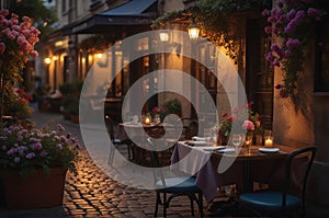 Coffee Shop, Bossa Nova style, cute tables outside, cobblestone road, flowers