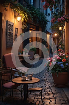 Coffee Shop, Bossa Nova style, cute tables outside, cobblestone road, flowers