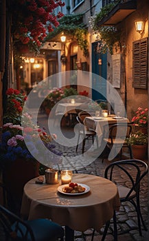 Coffee Shop, Bossa Nova style, cute tables outside, cobblestone road, flowers