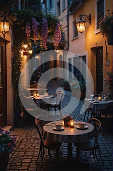 Coffee Shop, Bossa Nova style, cute tables outside, cobblestone road, flowers