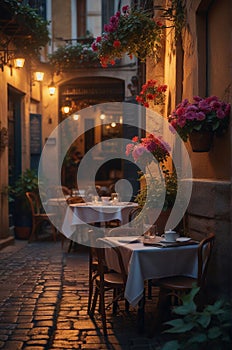 Coffee Shop, Bossa Nova style, cute tables outside, cobblestone road, flowers photo