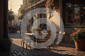 Coffee Shop, Bossa Nova style, cute tables outside, cobblestone road, flowers photo