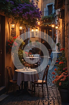 Coffee Shop, Bossa Nova style, cute tables outside, cobblestone road, flowers photo