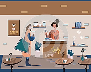 Coffee shop or cafe interior design and scene. Character of Girl barista offers cappuccino art and happy cafe customer