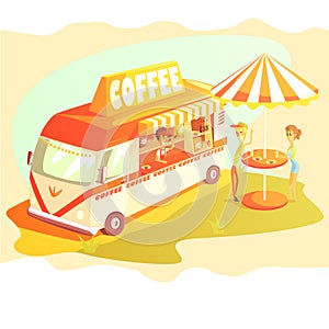 Coffee Shop Cafe In Mini Bus On Sunny Day With Outdoors Table
