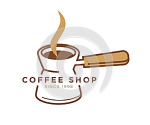 Coffee shop cafe vector icon template of turkish cezve pot maker