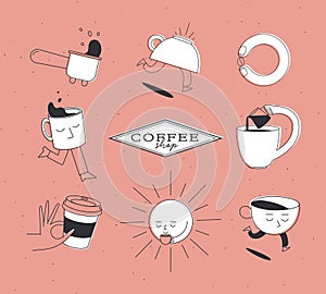 Coffee shop cartoon icons coral
