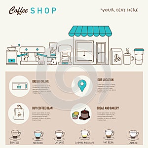 Coffee shop design web template with linear icons .