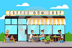 Coffee shop exterior. People relax in a cafe.