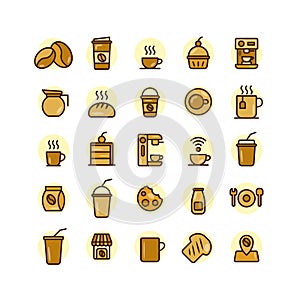 Coffee Shop filled outline icon set.
