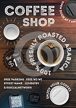 Coffee shop flyer template on vintage wood texture background. Advertising invitation in brochures, posters, banner, leaflet.