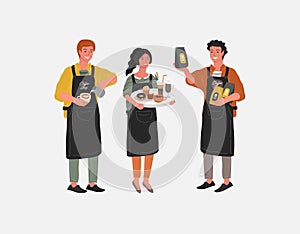 Coffee shop hand drawn character. Cartoon smiling woman waitress character hold tray with various coffee pots, man sells