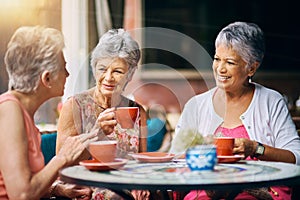 Coffee shop, happy and senior women talking, discussion and having friends reunion, retirement chat or social group