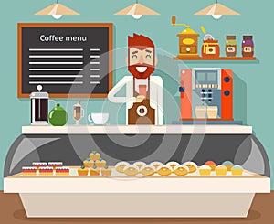 Coffee shop interior seller bakery taste sweets flat design vector illustration