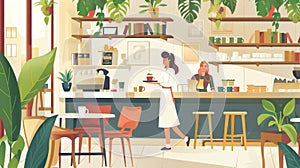 Coffee shop interior with tables, chairs, bar counter, plants, shelves with books, and a waitress with a tray and cup.