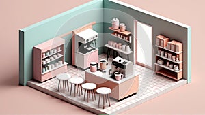 Coffee shop isometric composition with coffee shop and coffee machines