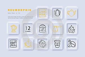 Coffee shop line icon. Coffee machine, roaster, kettle, cold brew, cappuccino, coffee pot. Neomorphism steyle. Vector line icon