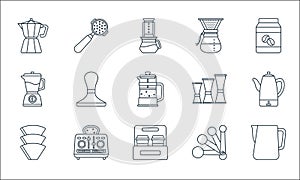 coffee shop line icons. linear set. quality vector line set such as pitcher, take away, coffee filter, measuring spoons, toaster,