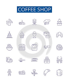 Coffee shop line icons signs set. Design collection of Cafe, Espresso, Latte, Coffee, Java, Mocha, Colombian, Frappe photo