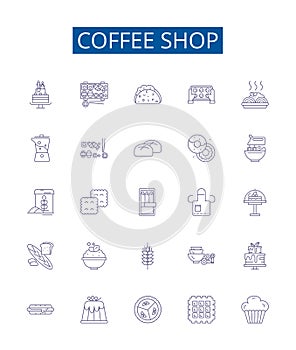 Coffee shop line icons signs set. Design collection of Cafe, Espresso, Latte, Coffee, Java, Mocha, Colombian, Frappe photo