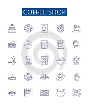 Coffee shop line icons signs set. Design collection of Cafe, Espresso, Latte, Coffee, Java, Mocha, Colombian, Frappe photo