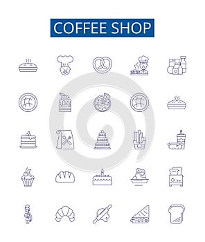 Coffee shop line icons signs set. Design collection of Cafe, Espresso, Latte, Coffee, Java, Mocha, Colombian, Frappe photo