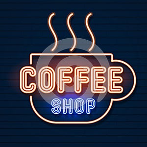 Coffee Shop Logo Design Template. neon Sign. Retro Coffee Logo