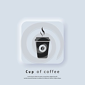 Coffee shop logo. Hot coffee cup icon. Paper mug. Disposable coffee cup icon with beans logo. Vector. UI icon. Neumorphic UI UX