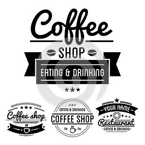 Coffee shop logos with steamy cup linear icon and text