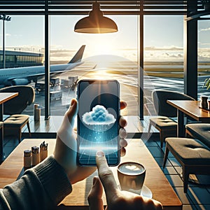 In a coffee shop near an airport window, a hand holds a phone with a 3D cloud hologram