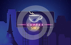 Coffee shop neon sign Vector. Glowing coffee cup symbol dark background. Cafe menu templates