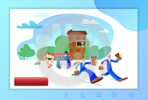 Coffee shop online app. Coffee break. Office managers in the park. Vector illustration