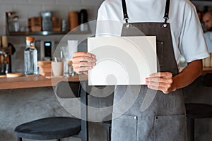Coffee shop owner in apron holding blank sheet in hands while standing in coffeehouse