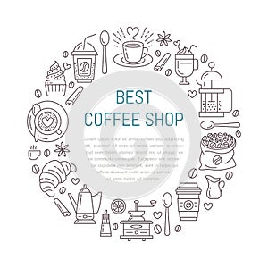 Coffee shop poster template. Vector line illustration of coffeemaking equipment. Elements - espresso cup, french press