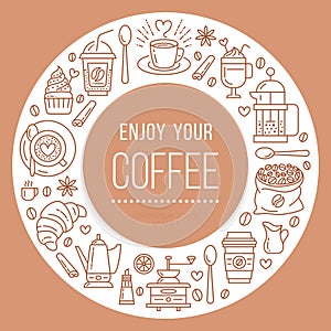 Coffee shop poster template. Vector line illustration of coffeemaking equipment. Elements espresso cup, french press