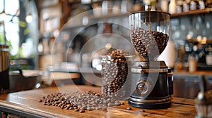 coffee shop scene, on the counter of the busy coffee shop, the aroma of freshly ground coffee beans fills the air on a photo