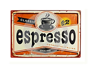 Coffee Shop Sign, Espresso Writen on Label. Vintage Looking Advertisement, Retro Colors photo
