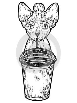 Coffee shop, Sphynx cat is drinking coffee. Sketch scratch board imitation.