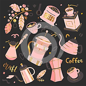 Coffee shop utensils and tools, set of pastel color vector illustrations with gold foil. Collection of modern simple