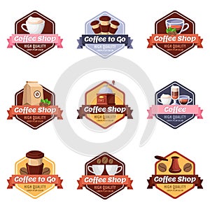 Coffee shop vector logo, label, sticker, emblem set. Cafe or restaurant breakfast menu isolated design elements.