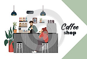 Coffee shop with visitor, young girl sits at a bar counter, barista makes a hot drink. Modern flat vector concept