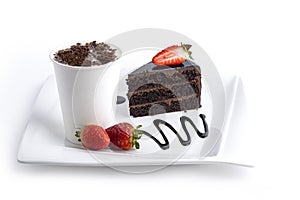 Coffee and a slice of Chocolate cake with strawberry isolated on white