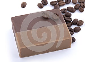 Coffee soap with coffee beans isolated on white background