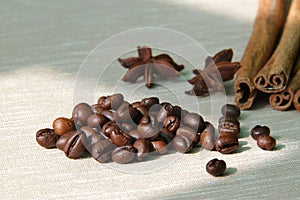 Coffee and spices on burlap