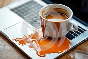 Coffee Spilled on Laptop Keyboard Close-Up photo