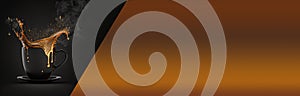 Coffee splash in black ceramic coffee cup, panoramic banner with orange copy-space. AI generative illustration, generated by AI