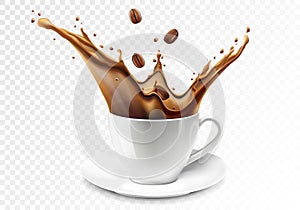 Coffee splash. A cup of coffee. Coffee beans falling into ceramic white mug or cup with hot coffee splash. Coffee mug 3D realistic