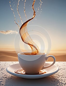 Coffee splash from a cup. A cup of coffee and flying splashes. Morning coffee concept